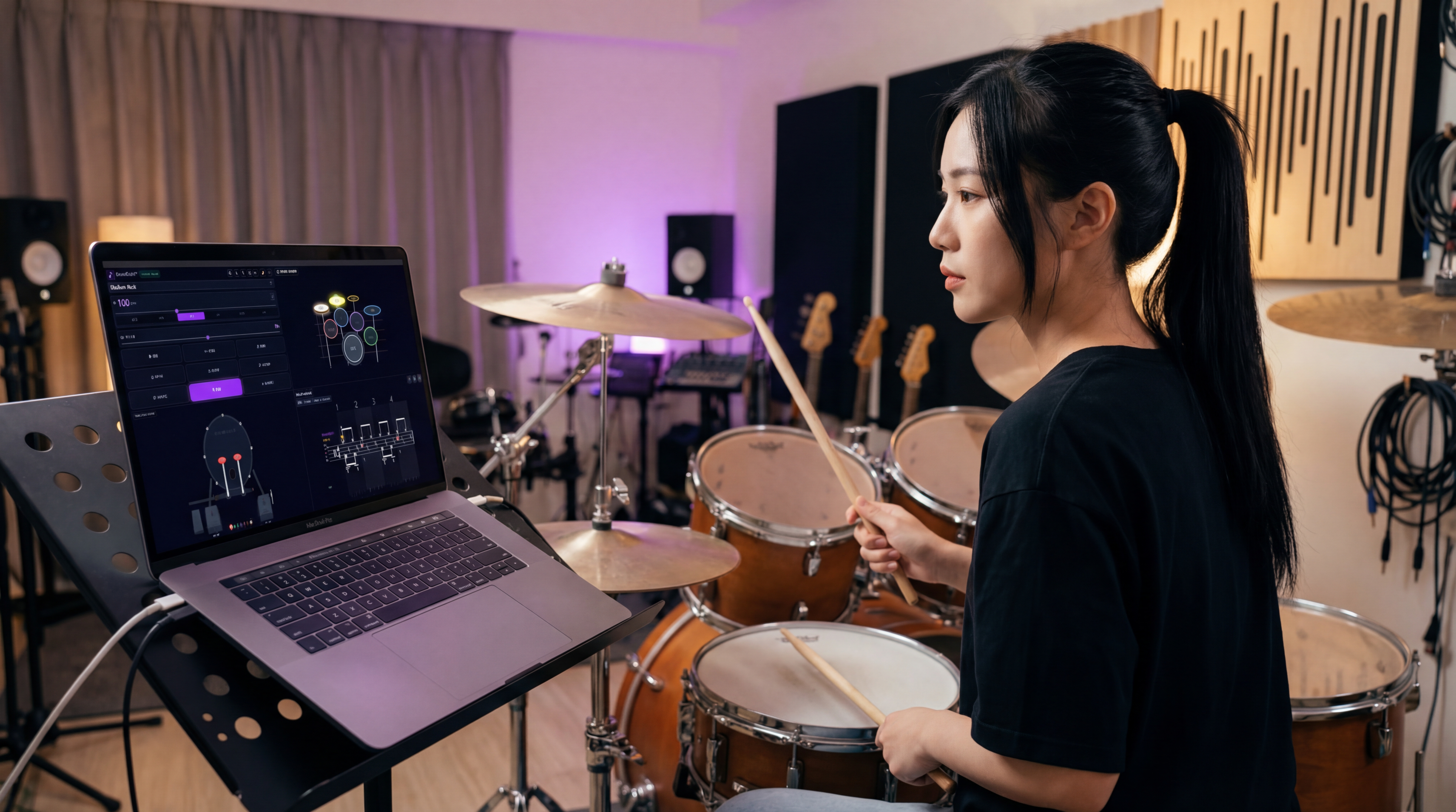 Drummer practicing with DrumSight on laptop